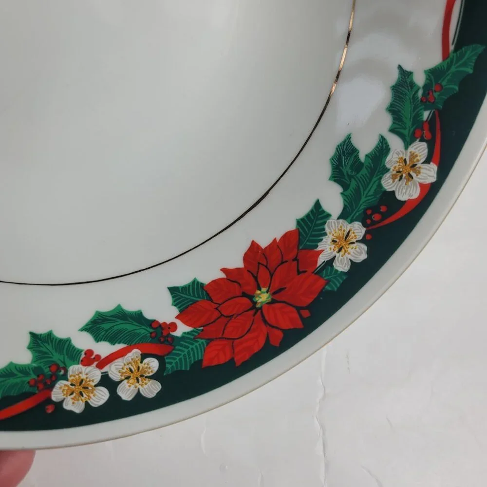Tienshan Deck the Halls Serving Bowl Poinsettias & Ribbons Christmas China